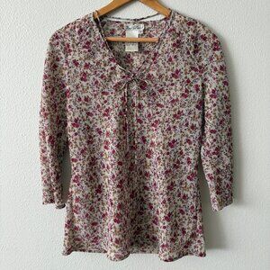 Fred David Burgundy Floral Lightweight Blouse with collar tie decor Size M